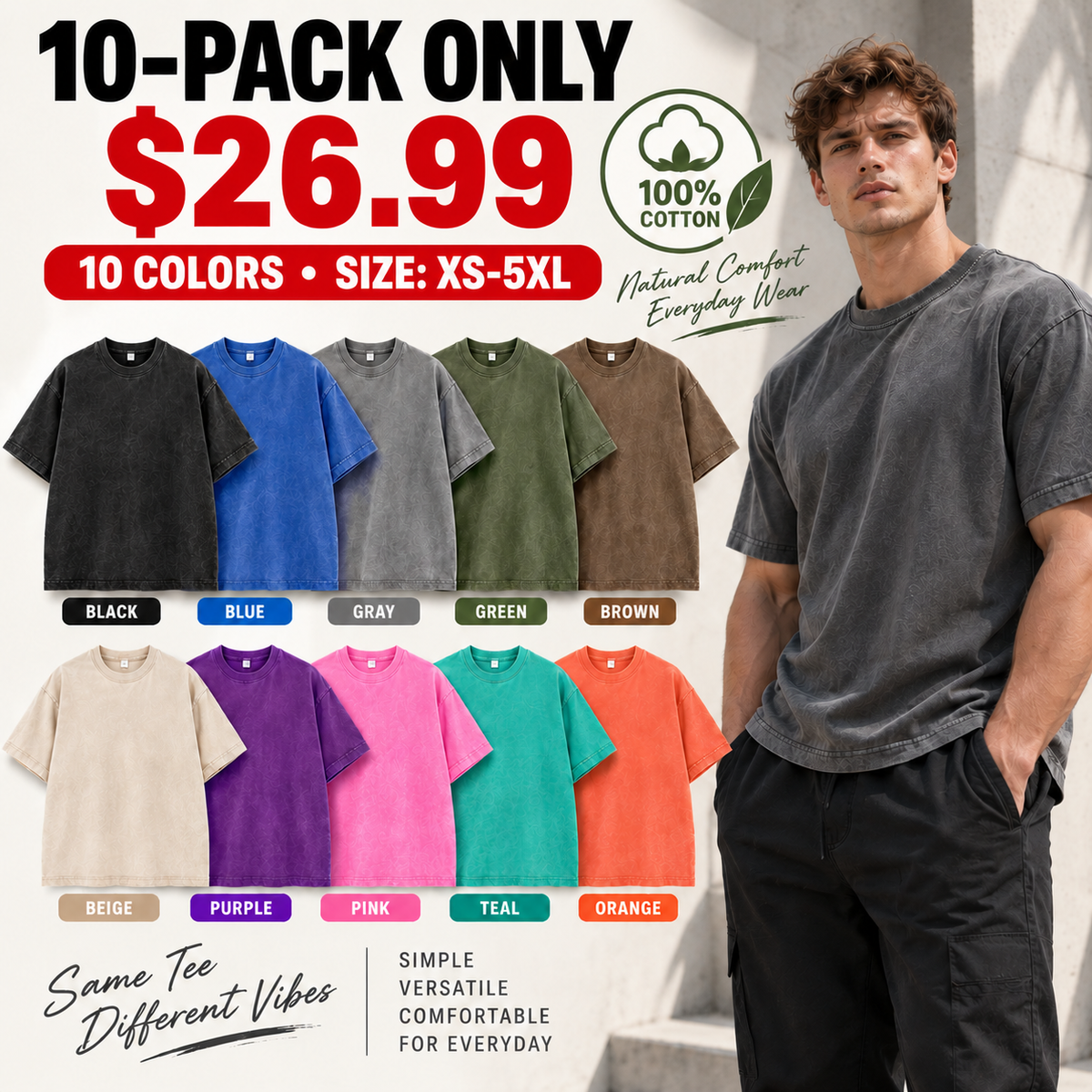 Men's Loose Vintage Acid-Wash T-Shirt – 100% Heavyweight Cotton Streetwear Style