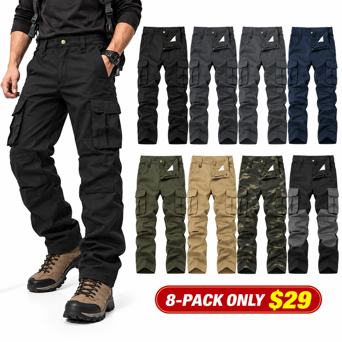 Durable Polyester Utility Cargo Trousers - Male Clothing, Mid Waist, Straight-Cut, Multi-Pockets, Regular-Fit Bottoms