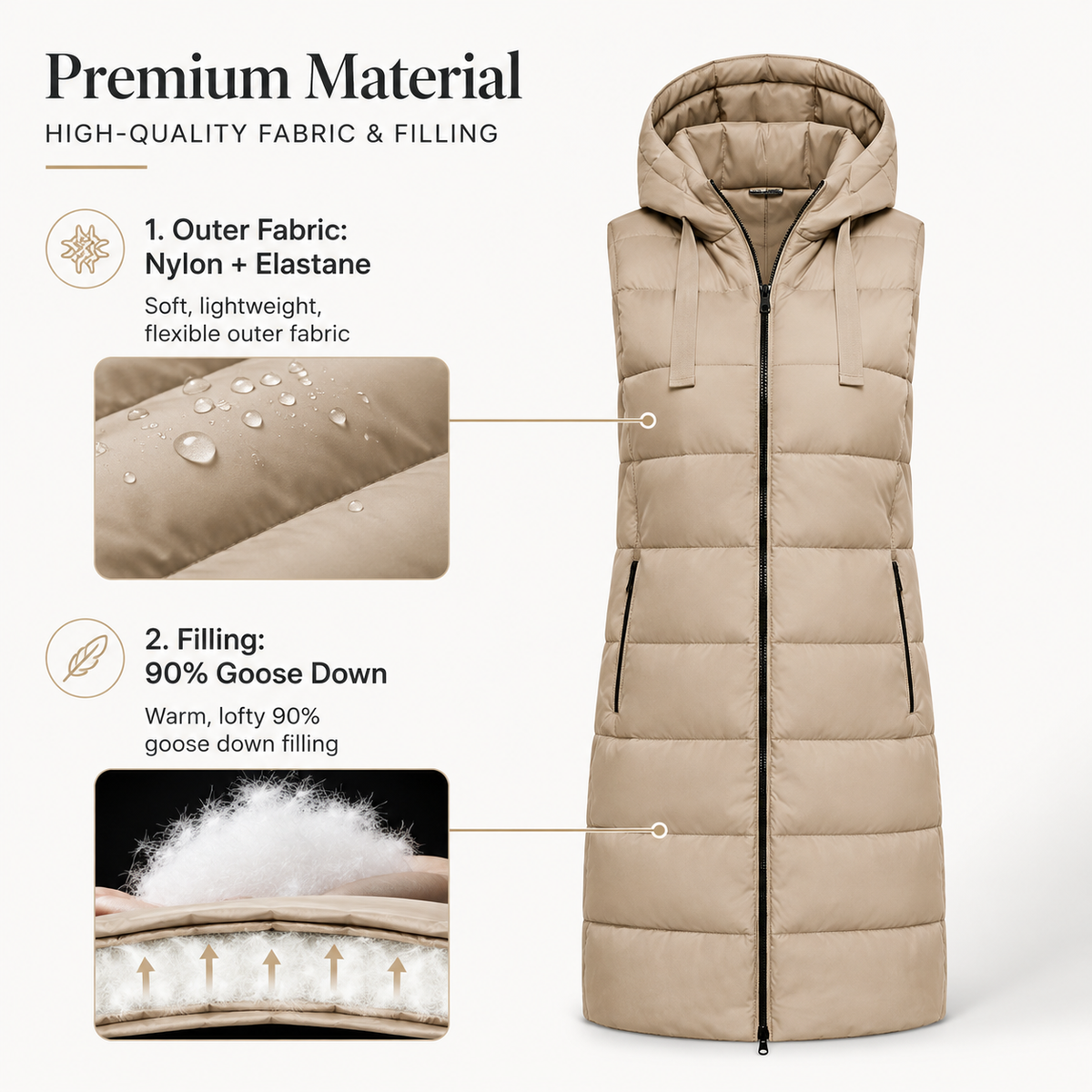 👍🔥Limited-Time Promotion-Women Long Vest Solid Color Sleeveless Hood Winter Puffer Vest Outwear