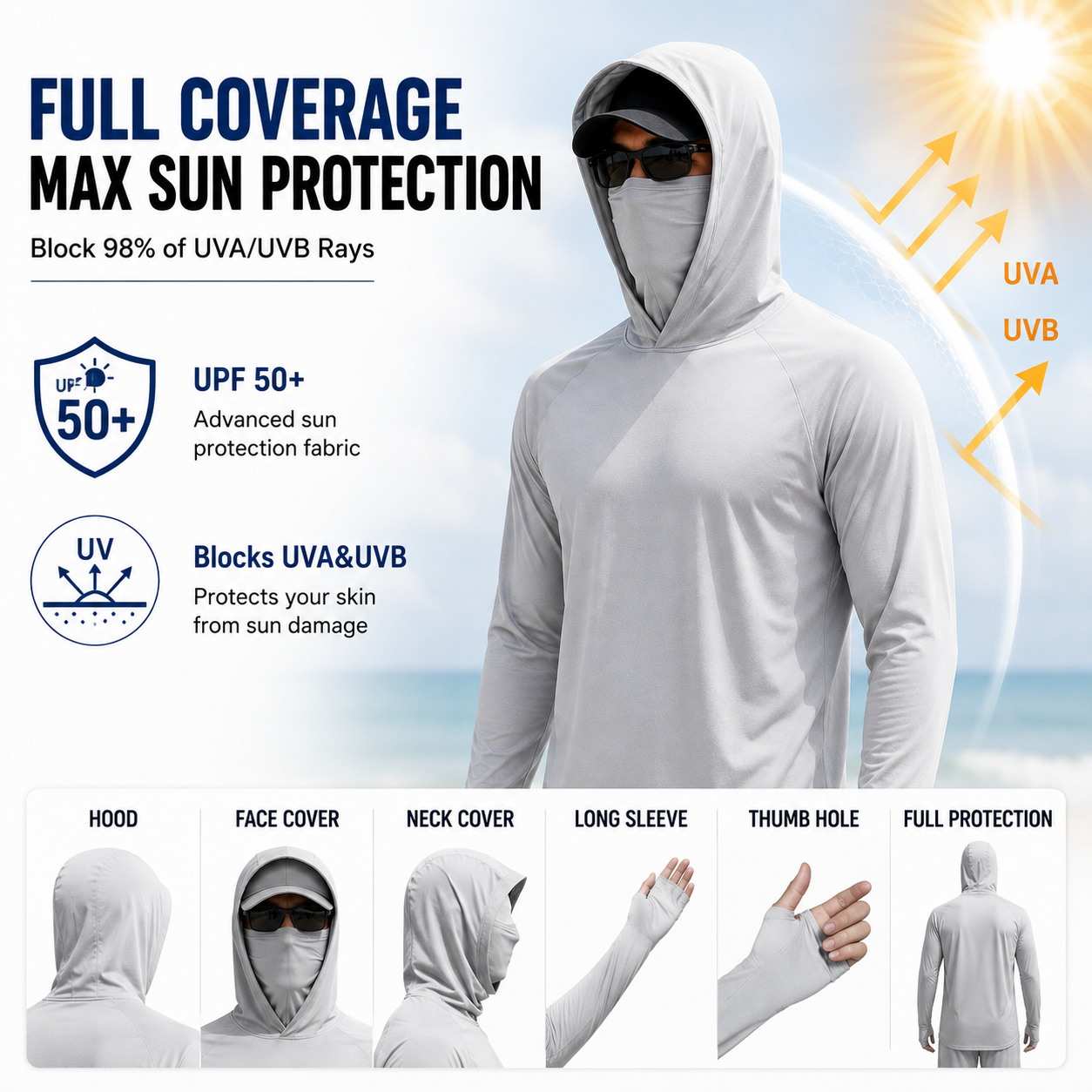 UPF 50+ Long-Sleeve Sun-Protection Hoodie (with Sleeve Pocket and Face Mask)