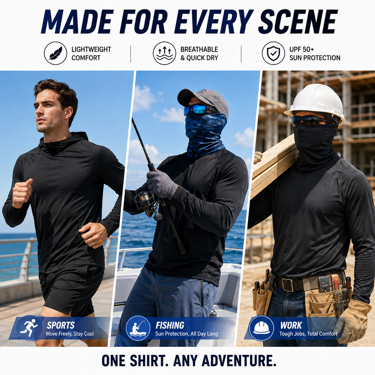 UPF 50+ Long-Sleeve Sun-Protection Hoodie (with Sleeve Pocket and Face Mask)