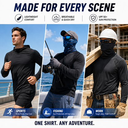 UPF 50+ Long-Sleeve Sun-Protection Hoodie (with Sleeve Pocket and Face Mask)