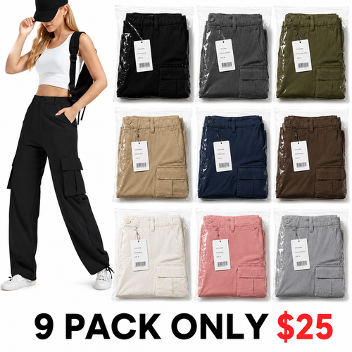 👍🔥Limited-Time Promotion-High Waisted Wide Leg Polyester Plain Retro Cargo Pants