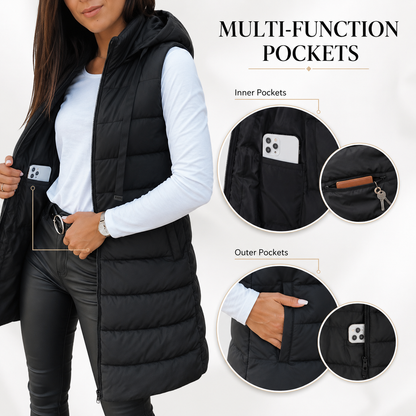 👍🔥Limited-Time Promotion-Women Long Vest Solid Color Sleeveless Hood Winter Puffer Vest Outwear