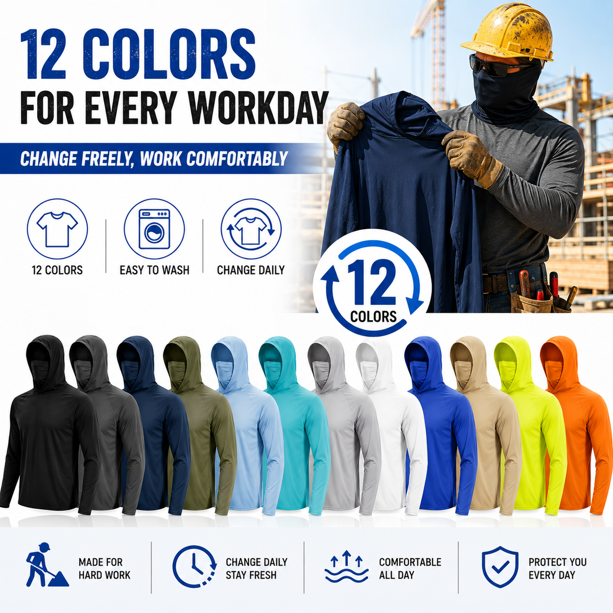 UPF 50+ Long-Sleeve Sun-Protection Hoodie (with Sleeve Pocket and Face Mask)