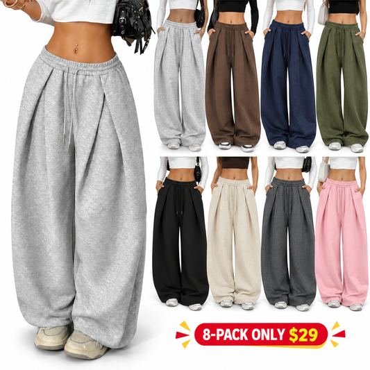 Women Elastic Waist Cuffed Jogger Pants, High Waist Baggy Wide Leg Sweatpants With Drawstring Ankle