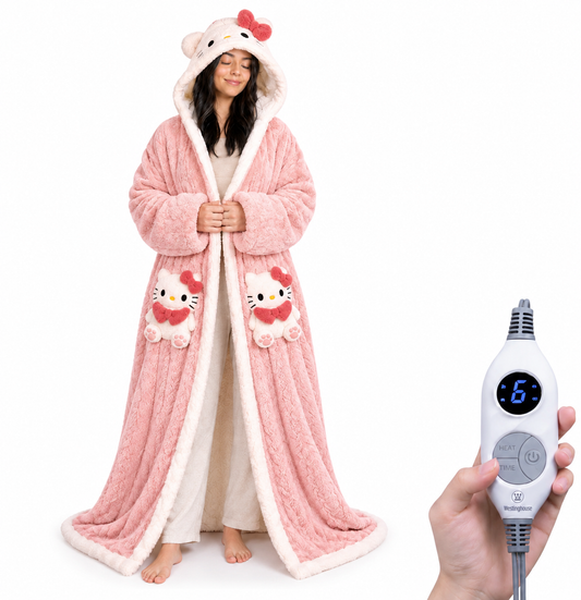 Pink cat🔥Wearable Heated Blanket with Foot Pocket Sherpa🔥Overheat Protection & Auto Shut-Off