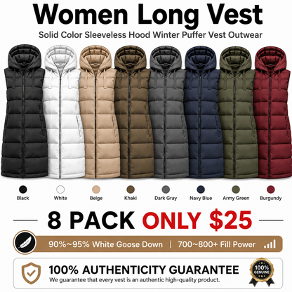 👍🔥Limited-Time Promotion-Women Long Vest Solid Color Sleeveless Hood Winter Puffer Vest Outwear