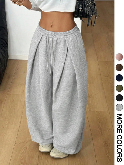 Women Elastic Waist Cuffed Jogger Pants, High Waist Baggy Wide Leg Sweatpants With Drawstring Ankle