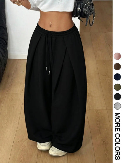 Women Elastic Waist Cuffed Jogger Pants, High Waist Baggy Wide Leg Sweatpants With Drawstring Ankle