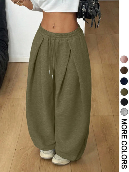 Women Elastic Waist Cuffed Jogger Pants, High Waist Baggy Wide Leg Sweatpants With Drawstring Ankle