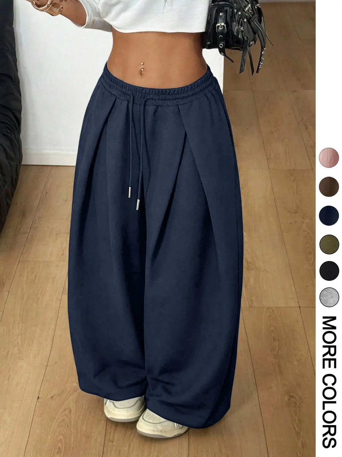 Women Elastic Waist Cuffed Jogger Pants, High Waist Baggy Wide Leg Sweatpants With Drawstring Ankle